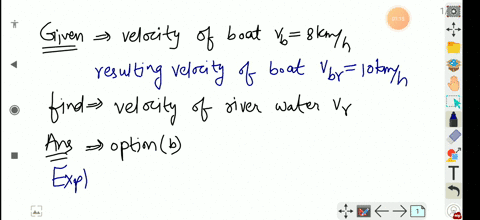 a-boat-crosses-a-river-with-a-velocity-of-8-mathrmkm-mathrmh-if-the-resulting-velocity-of-boat-is-10
