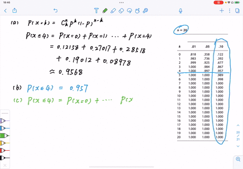 let-x-be-a-binomial-random-variable-with-n20-and-p1-a-calculate-px-leq-4-using-the-binomial-formula-
