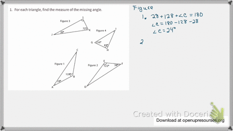 find the measure of the missing angle in each triangle