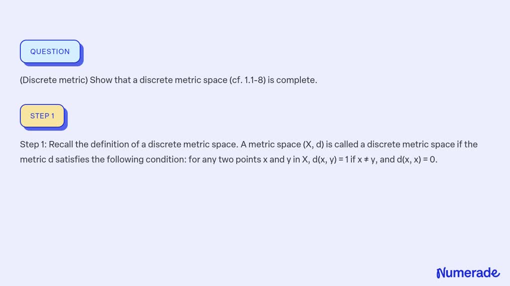 SOLVED:(Discrete metric) Show that a discrete metric space (cf. 1.1-8 ...