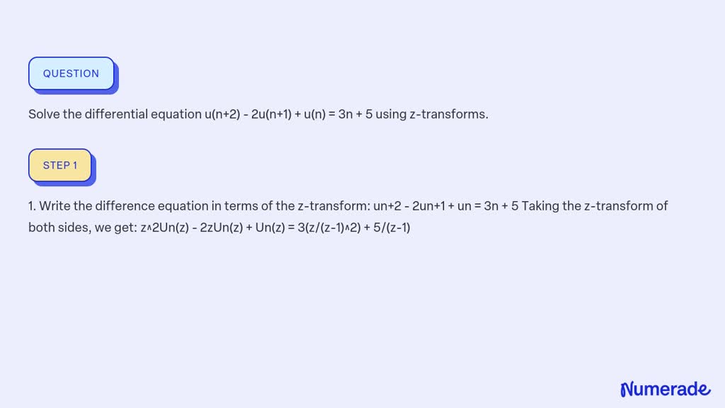 SOLVED: Solve the differential equation u(n+2) - 2u(n+1) + u(n) = 3n ...