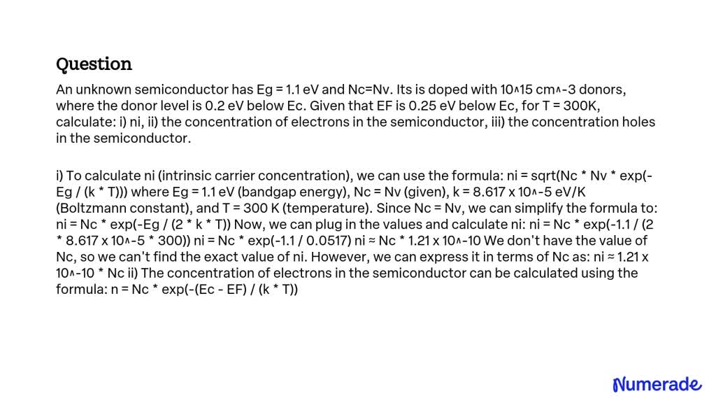 Solved An Unknown Semiconductor Has Eg 1 1 Ev And Nc Nv Its Is