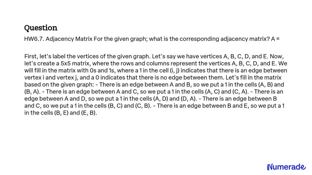 SOLVED: HW6.7. Adjacency Matrix For the given graph, what is the ...