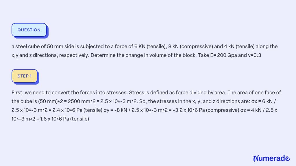 SOLVED: a steel cube of 50 mm side is subjected to a force of 6 KN ...