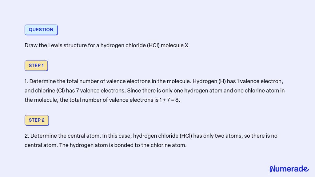 SOLVED: Draw the Lewis structure for a hydrogen chloride (HCI) molecule X