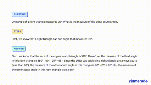 SOLVED: in a right angled triangle one angle is 25 degree , find another acute  angle