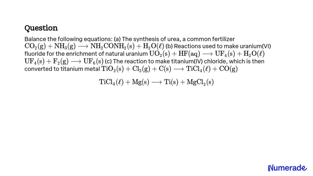 Solved: Balance The Following Equations: (a) The Synthesis Of Urea, A 