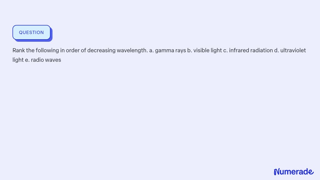 SOLVED:Rank the following in order of decreasing wavelength. a. gamma ...