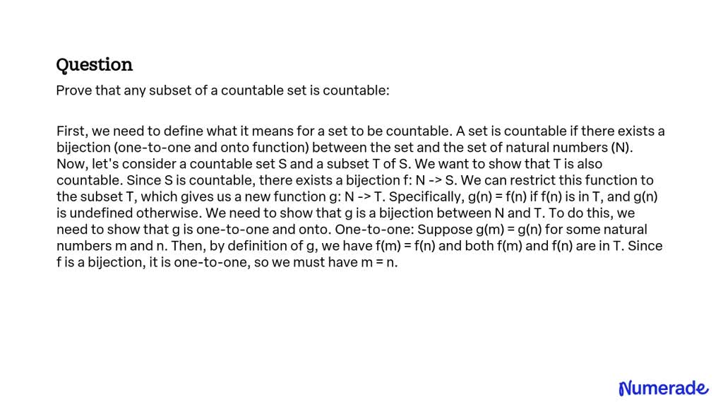 SOLVED: Prove That Any Subset Of A Countable Set Is Countable: