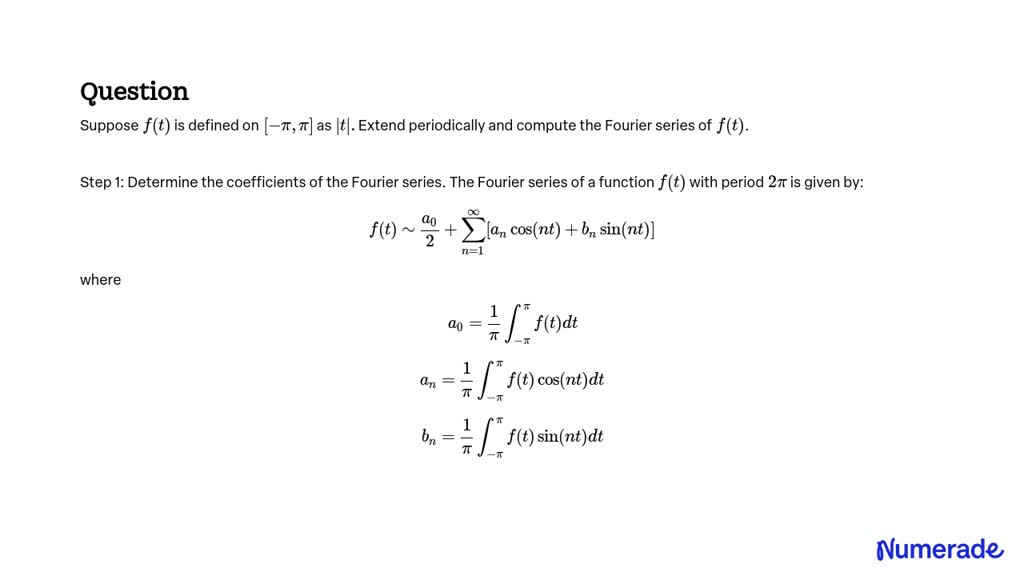 SOLVED:Suppose f(t) is defined on [-π, π] as |t| . Extend periodically ...