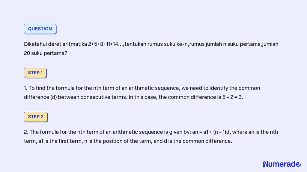 SOLVED: Diketahui deret aritmatika 2+5+8+11+14...,tentukan rumus suku ...