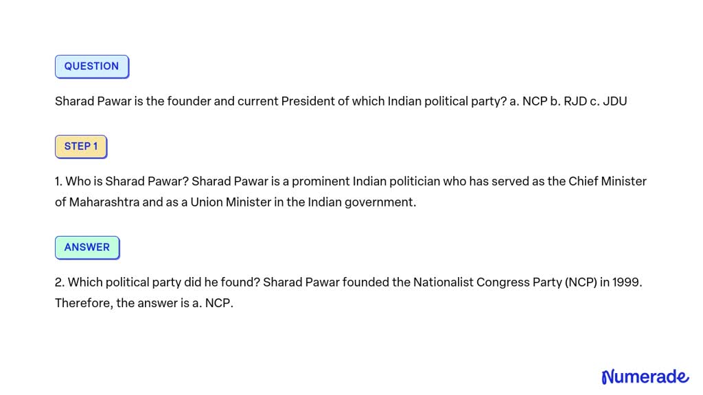 SOLVED: Sharad Pawar Is The Founder And Current President Of Which ...