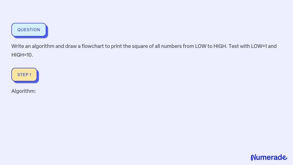 SOLVED: Write an algorithm and draw a flowchart to print the square of ...