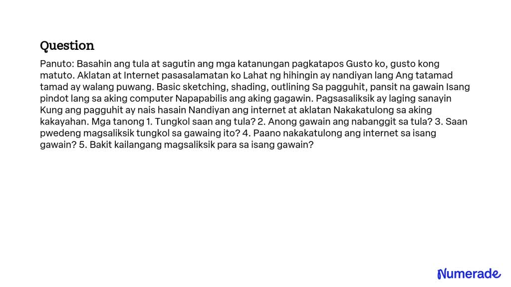 SOLVED: Panuto: Basahin Ang Tula At Sagutin Ang Mga Katanungan ...