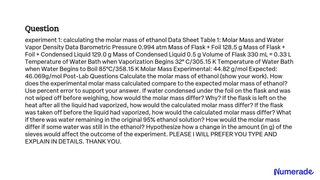 experiment 1 calculating the molar mass of ethanol