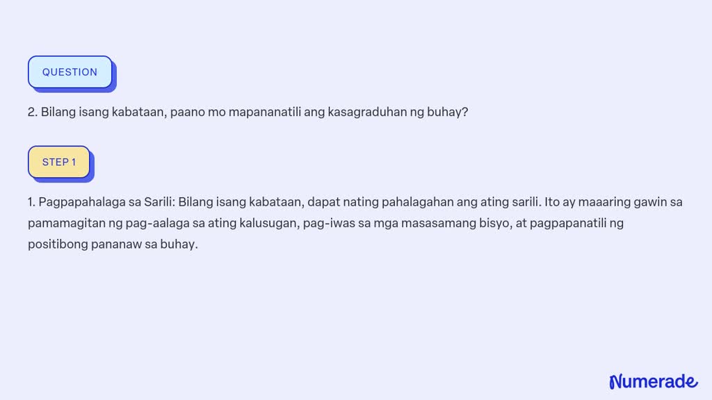 Solved 2 Bilang Isang Kabataan Paano Mo Mapananatili Ang Kasagraduhan Ng Buhay 0695