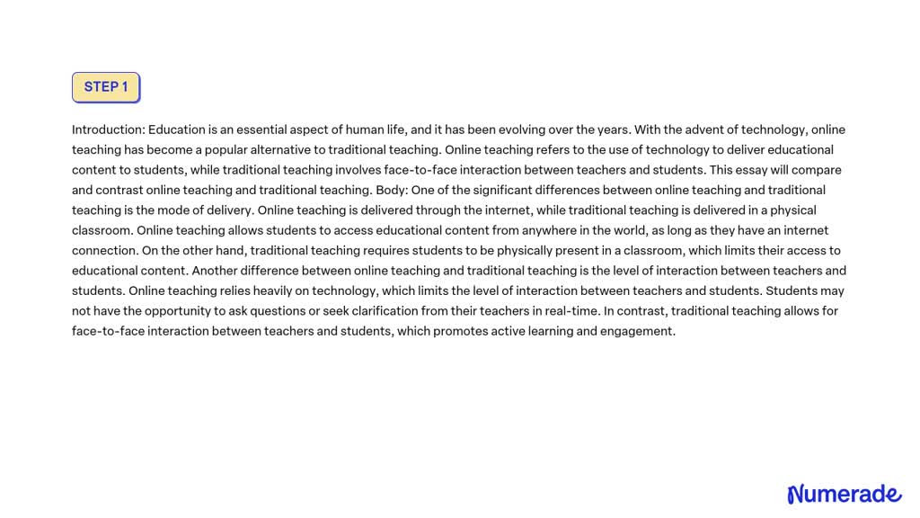 SOLVED: Essay Writing on Online Teaching vs Traditional Teaching In ...