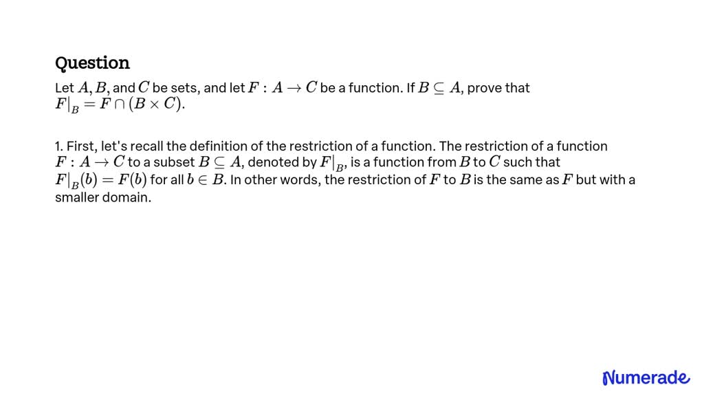 SOLVED:Let A, B, And C Be Sets, And Let F: A →C Be A Function. If B ⊆A ...