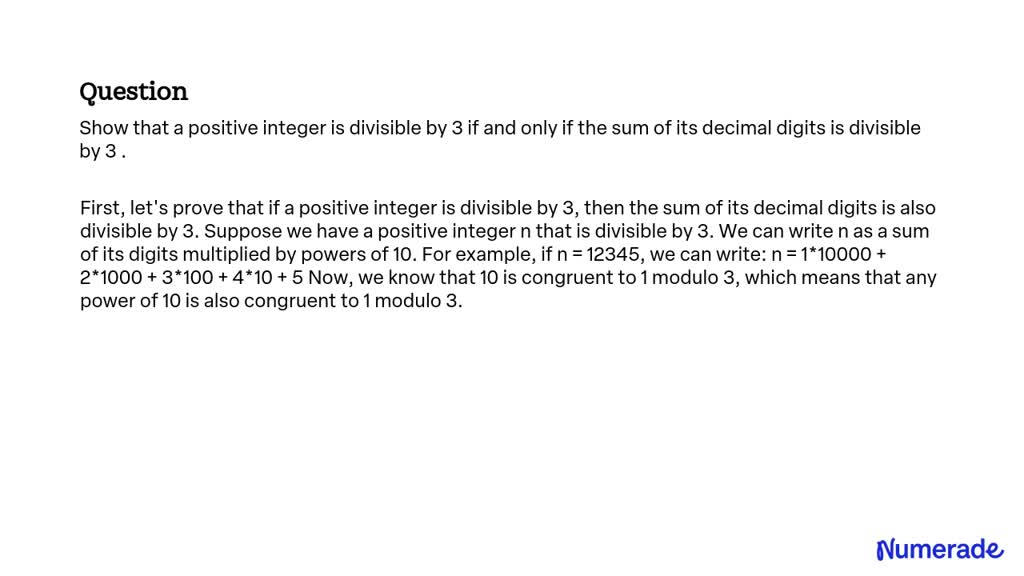 SOLVED: Show that a positive integer is divisible by 3 if and only if ...