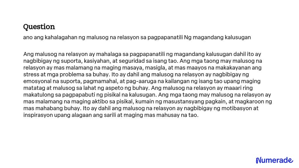 Solved Ano Ang Kahalagahan Ng Malusog Na Relasyon Sa Pagpapanatili Ng Magandang Kalusugan 