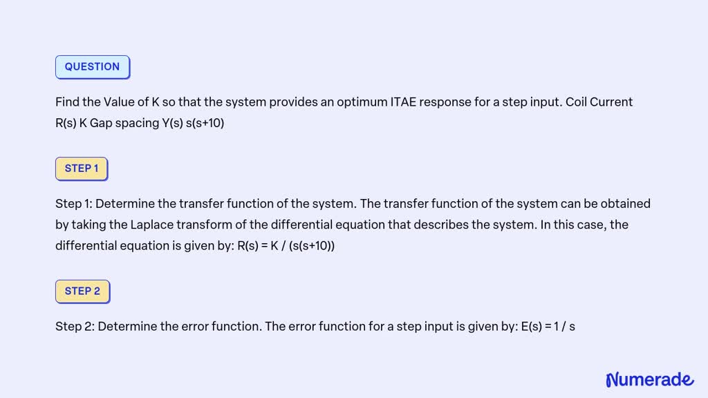 SOLVED: Find The Value Of K So That The System Provides An Optimum ITAE ...