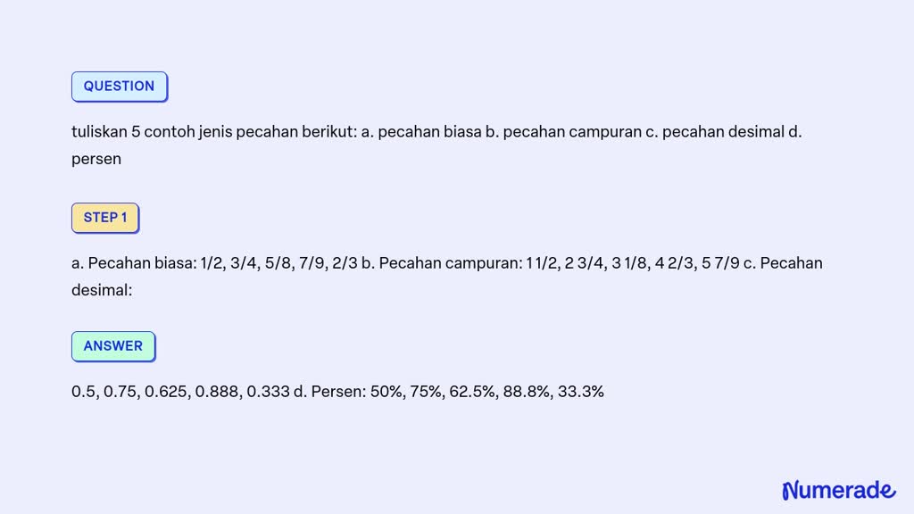 SOLVED: Tuliskan 5 Contoh Jenis Pecahan Berikut: A. Pecahan Biasa B ...