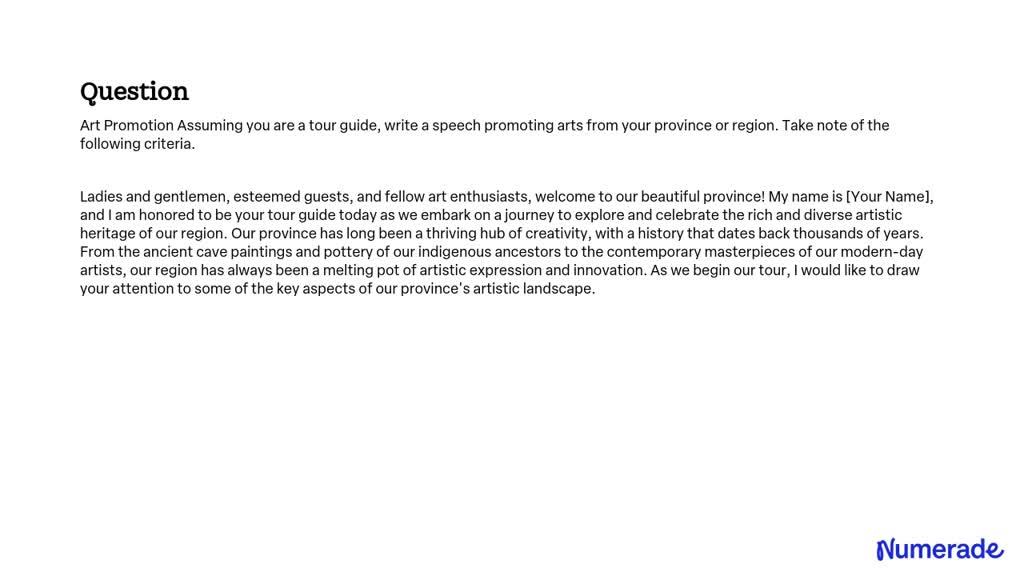 write a speech promoting arts from your province or region