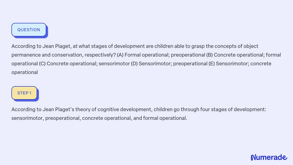 SOLVED According to Jean Piaget at what stages of development