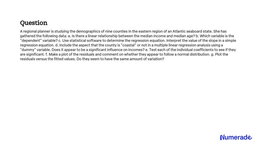 SOLVED:A regional planner is studying the demographics of nine counties ...