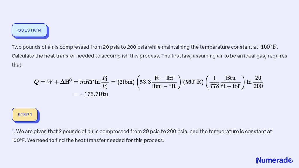 SOLVED: Two pounds of air is compressed from 20 psia to 200 psia while