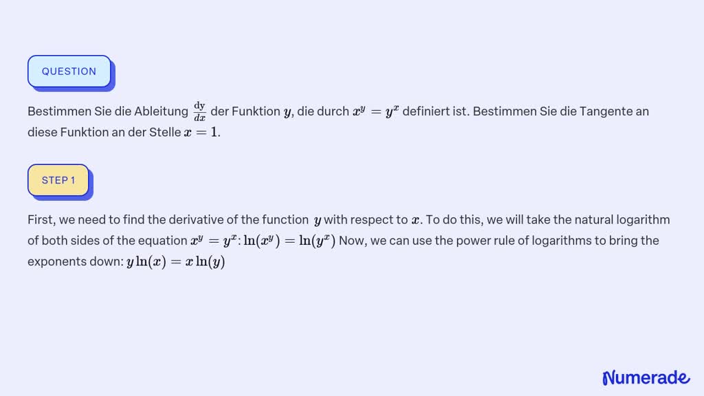 ⏩SOLVED:Bestimmen Sie die Ableitung (dy)/(d x) der Funktion y, die ...