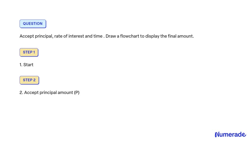 SOLVED: Accept principal, rate of interest and time . Draw a flowchart ...