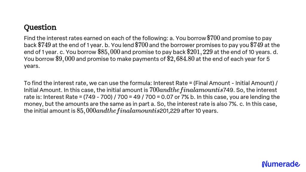 SOLVED: Find the interest rates earned on each of the following: a. You ...