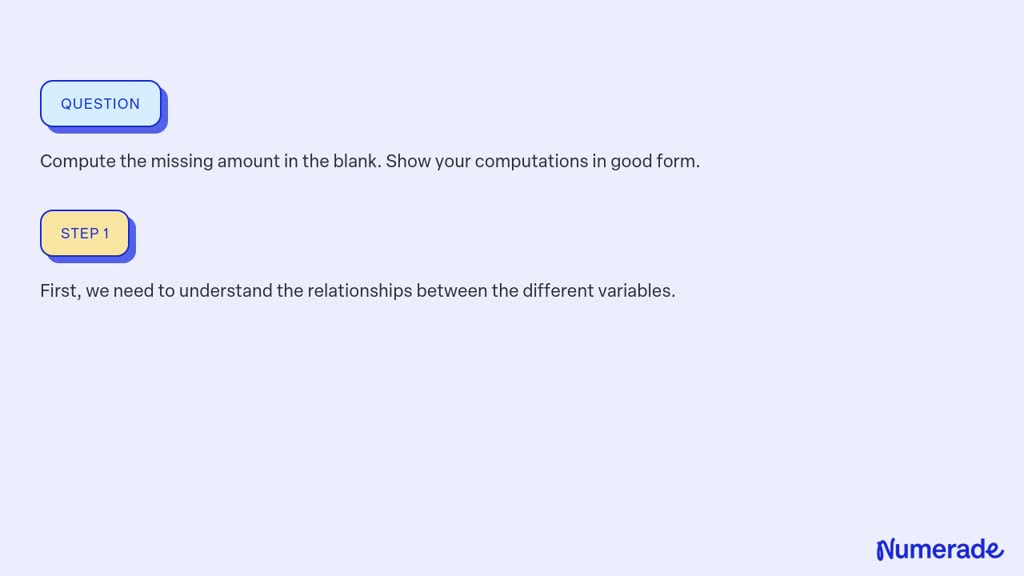 SOLVED: N. PROBLEMS Compute for the missing amount in the blank. Show ...