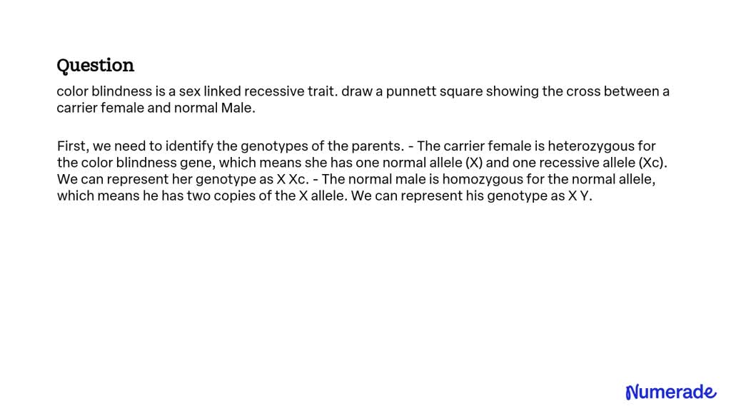 Solved Color Blindness Is A Sex Linked Recessive Trait Draw A Punnett Square Showing The Cross 8258