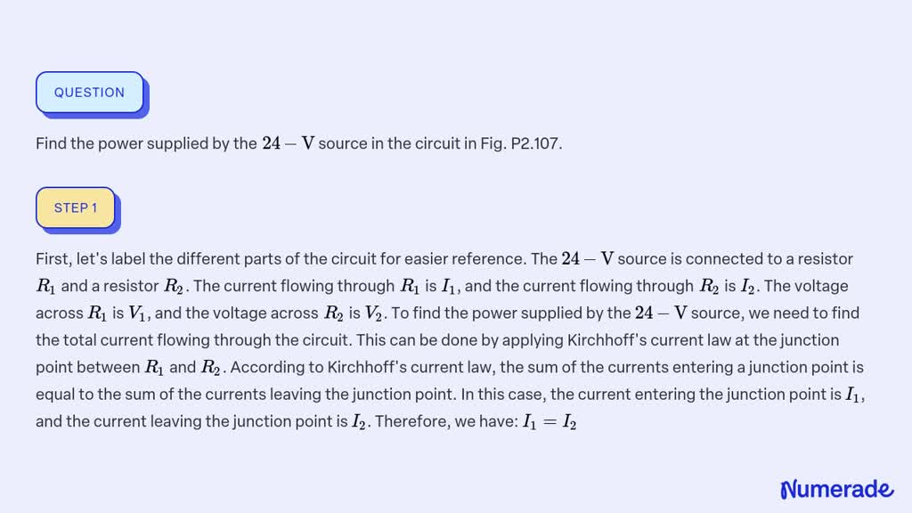 SOLVED:Find the power supplied by the 24-V source in the circuit in Fig ...