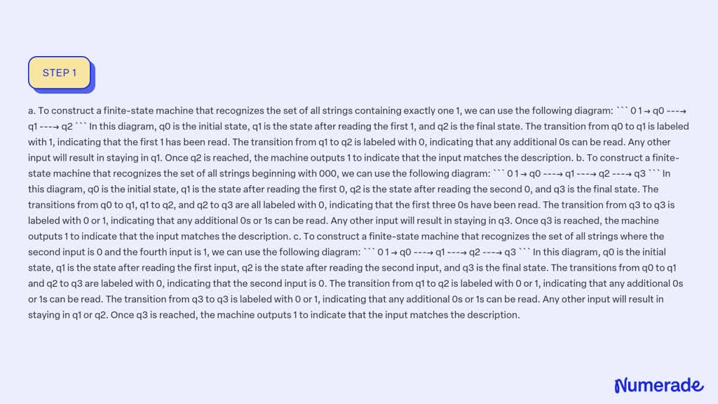 ⏩SOLVED:Construct finite-state machines that act as recognizers for ...