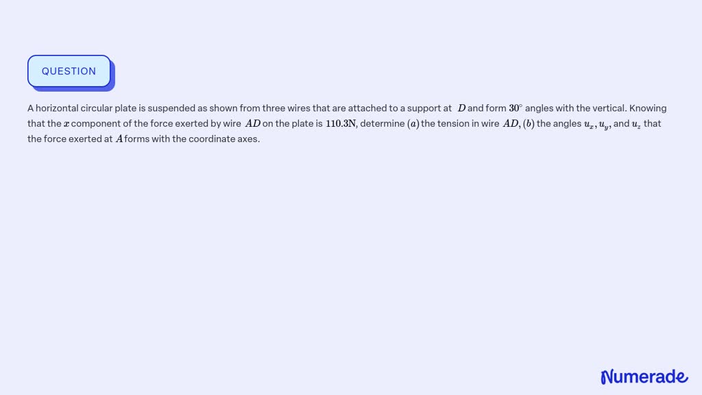 SOLVED: A horizontal circular plate is suspended as shown from three ...