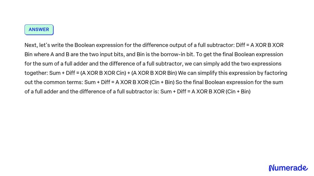 SOLVED: Write the Boolean expression for the sum of a full adder and