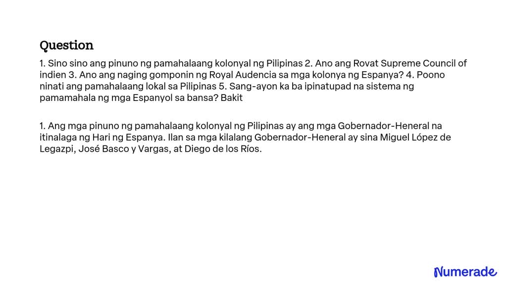 SOLVED: 1. Sino Sino Ang Pinuno Ng Pamahalaang Kolonyal Ng Pilipinas 2 ...