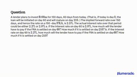 SOLVED A lender plans to invest 100m for 150 days 60 days from