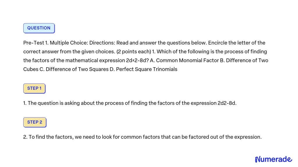 SOLVED: Pre-Test 1. Multiple Choice: Directions: Read and answer the ...