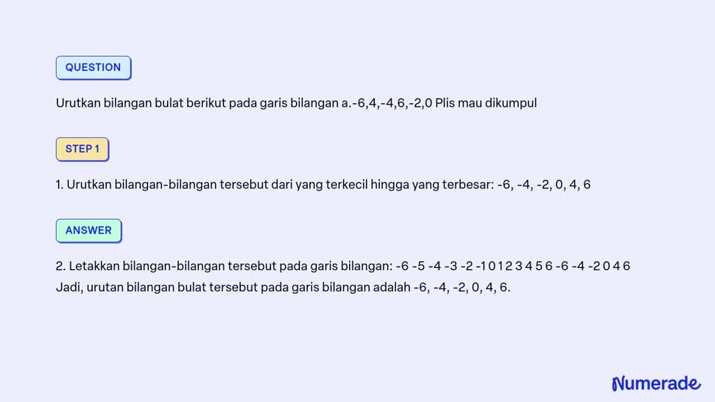 SOLVED: Urutkan bilangan bulat berikut pada garis bilangan a.-6,4,-4,6 ...