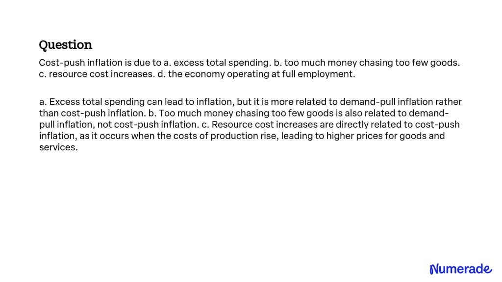 SOLVED:Cost-push inflation is due to a. excess total spending. b. too ...