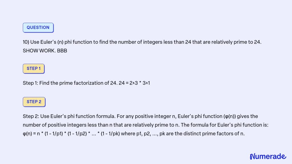 VIDEO solution: 10) Use Euler's (n) phi function to find the number of ...