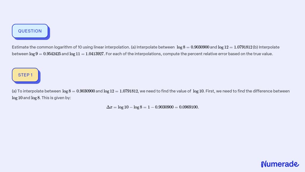 SOLVED: Estimate the common logarithm of 10 using linear interpolation ...