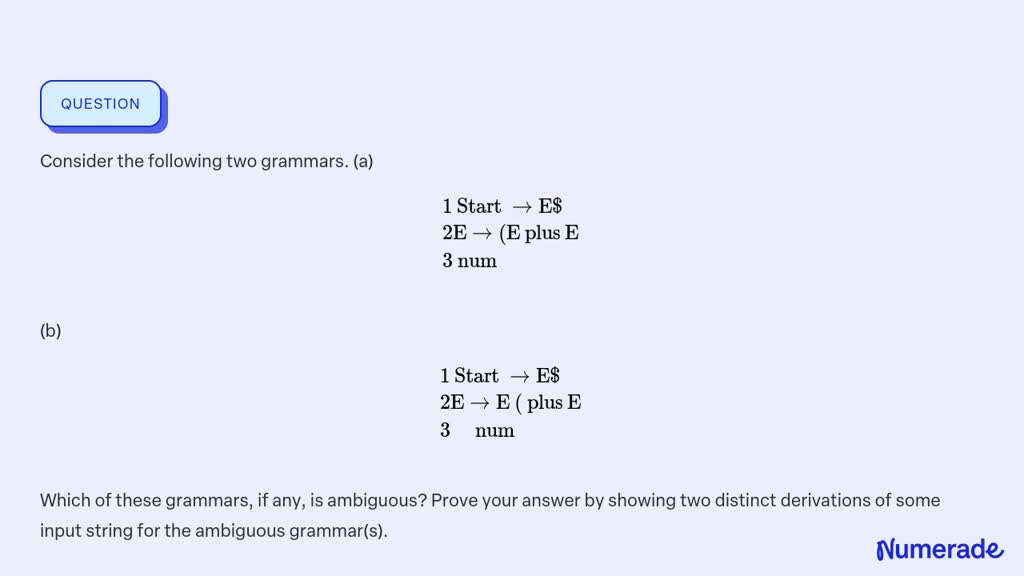 SOLVED:Consider The Following Two Grammars. (a) 1 Start →E 2 E →(E Plus ...