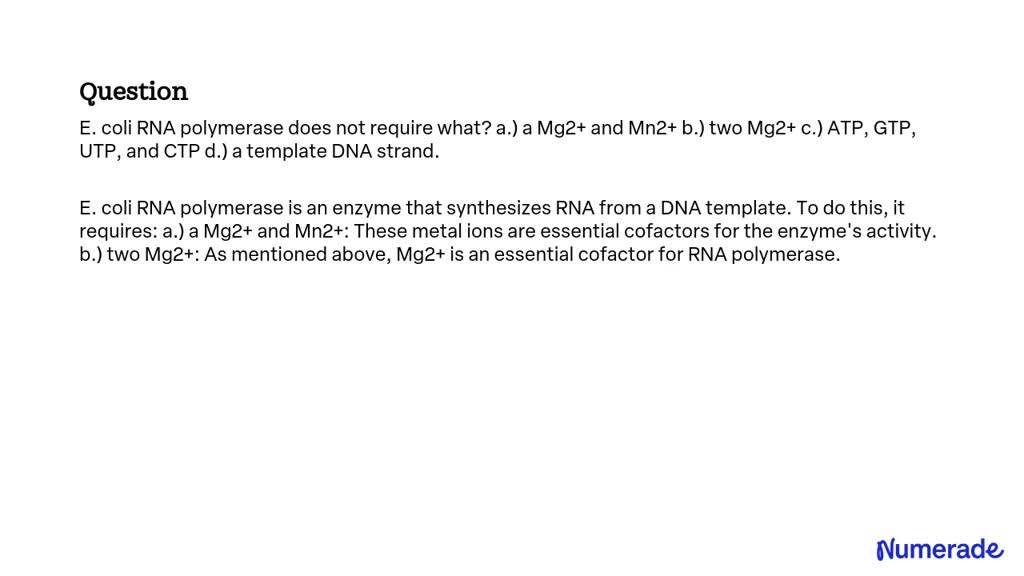 SOLVED: E. coli RNA polymerase does not require what? a.) a Mg2+ and ...