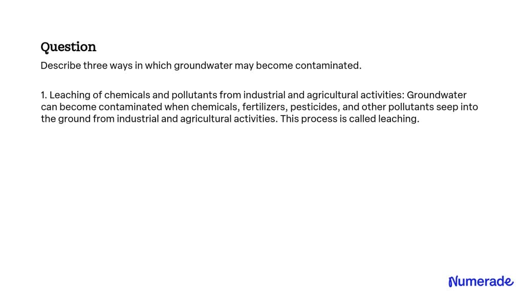 SOLVED: Describe three ways in which groundwater may become contaminated.