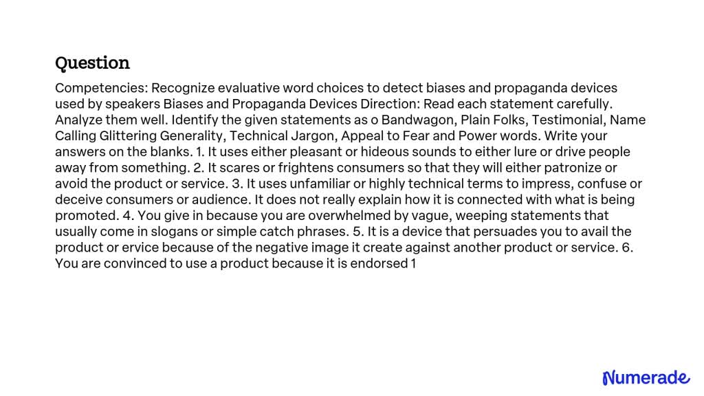 SOLVED: Competencies: Recognize Evaluative Word Choices To Detect ...